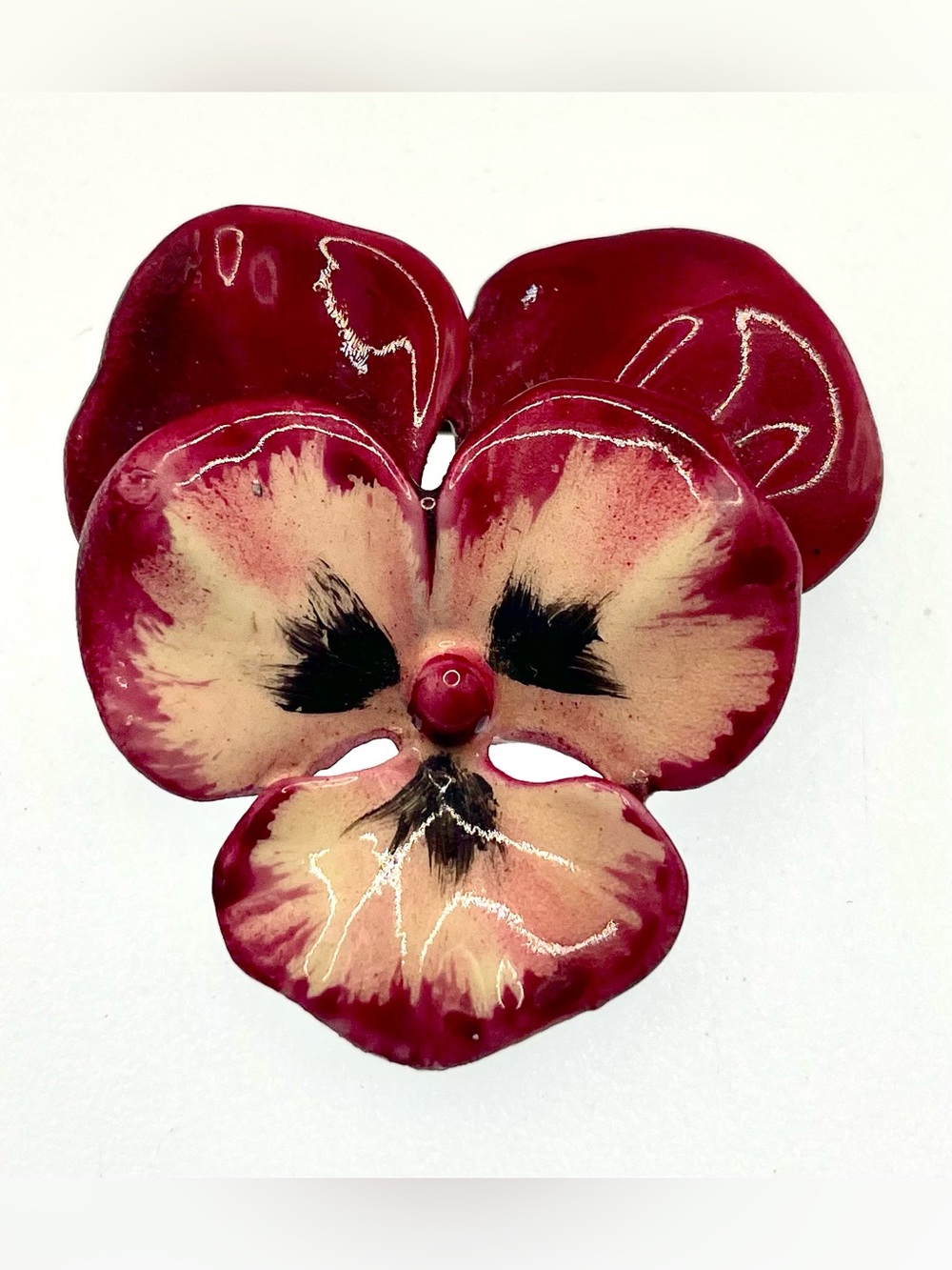 Vintage Enamel Pansy Flower Brooch Pink Burgundy Hand Painted Floral Pin